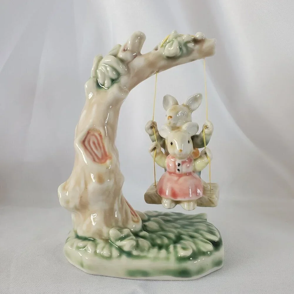 Tales of Bunny Hollow Ceramic Young Bunnies Tree Swing VTG 1993 Albert E Price